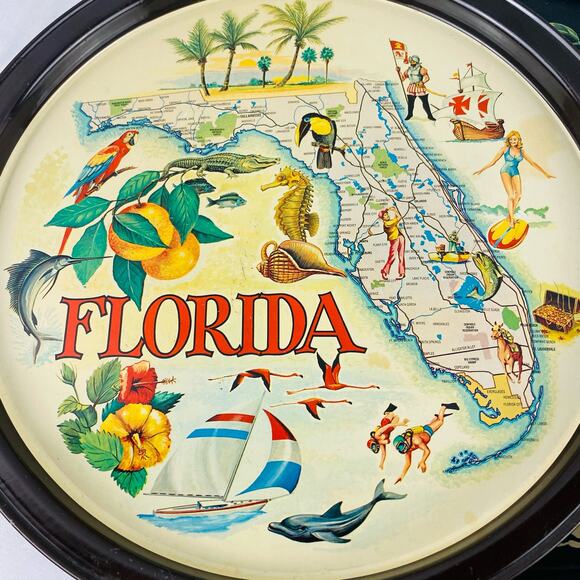 Vintage Florida Round Metal Tin Sourvenir Travel Map Trays Retro Decor 10.5" GUC - Picture 6 of 11